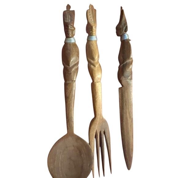 Kenya Hand-Carved Wood Utensils • Knife, Fork & Spoon • Vintage African 8" - Picture 1 of 8